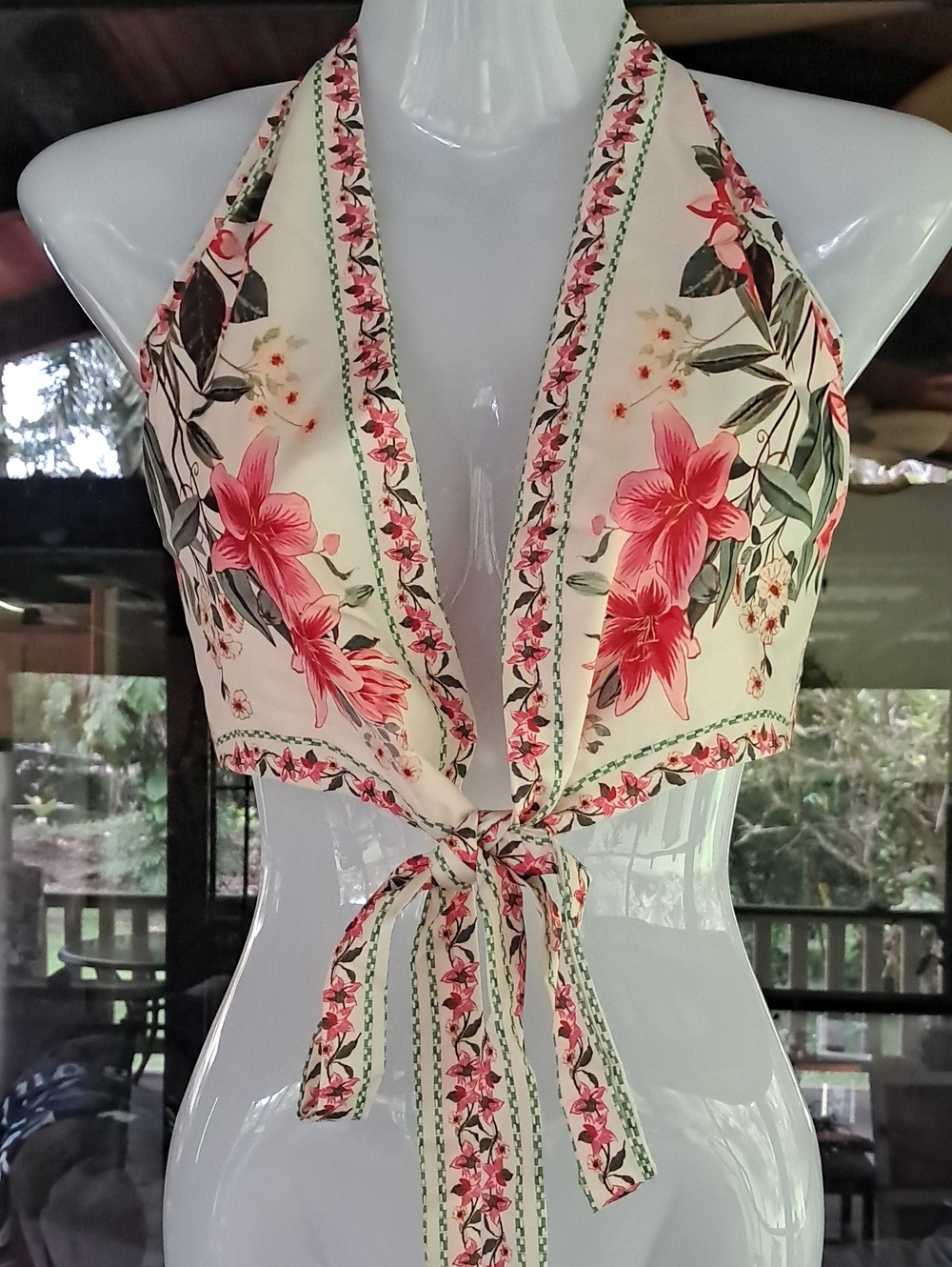 Floral Tie-Front Crop Halter Top - Pink/Cream